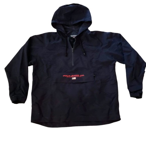 VTG Ralph Lauren Polo Jeans Co. Navy Hooded 1/4 Zip Jacket Packable Large - Picture 1 of 6